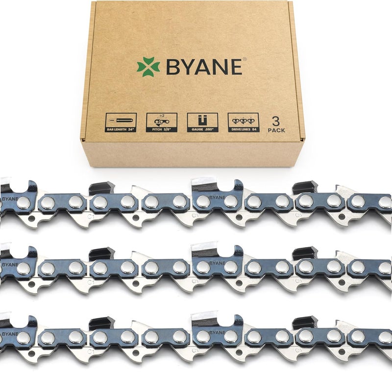 Byane 24 Inch Chainsaw Chain, 3/8" Pitch, 050" Gauge, 84 Drive Links, Fits Husqvarna 455, 460 Rancher, and More (3 Chains). - Image 1